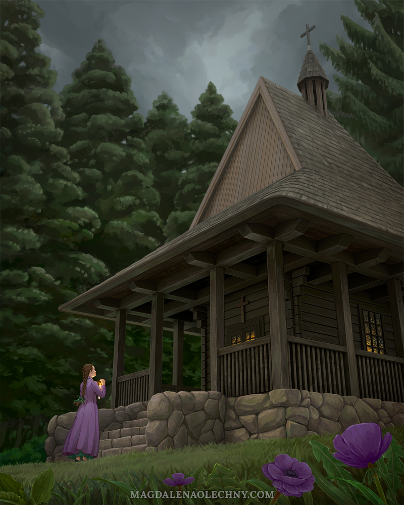 A digital illustration depicting a young girl in a violet coat standing in front of a Catholic, wooden chapel. She is holding a lighted candle. A clearing where the scene takes place is surrounded by forest. In the foreground, there are violet flowers and the grass is gently stroked by the wind. The weather is cloudy.