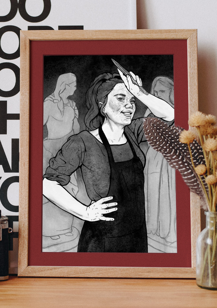 Framed original painting inspired by Nerdanel from “The Silmarillion” and "Morgoth's Ring" by J.R.R. Tolkien. Ink drawing of a female elf, wearing an apron and holding a carving chisel in her hand, wiping sweat from her forehead. There are sculptures in the background.