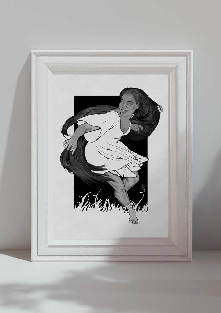 Framed original painting inspired by Nessa from “The Silmarillion” by J.R.R. Tolkien. Ink drawing of a long-haired, dark-skinned smiling woman in a short dress. She is running.