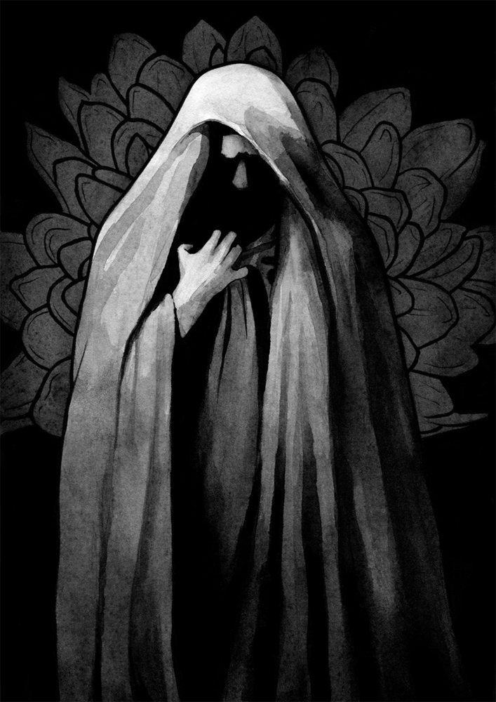 Original painting inspired by Nienna from “The Silmarillion” by J.R.R. Tolkien. Ink drawing of a woman in long robes, covered with a veil, her face in shadow. She's clutching the fabric. In the background, there is a chrysanthemum.