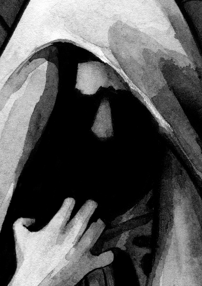 Original painting inspired by Nienna from “The Silmarillion” by J.R.R. Tolkien. Ink drawing of a woman in long robes, covered with a veil, her face in shadow. She's clutching the fabric.