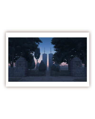 A mockup of a print of a digital illustration depicting a cemetery Patria in Staszkówka, Poland. The evening sky is the brightest part of the image. In the foreground, there is an open gate and a path leading to two stone towers with swords on their tops. Between the gate and the towers, there are headstones with small lights. The graves are surrounded by trees.