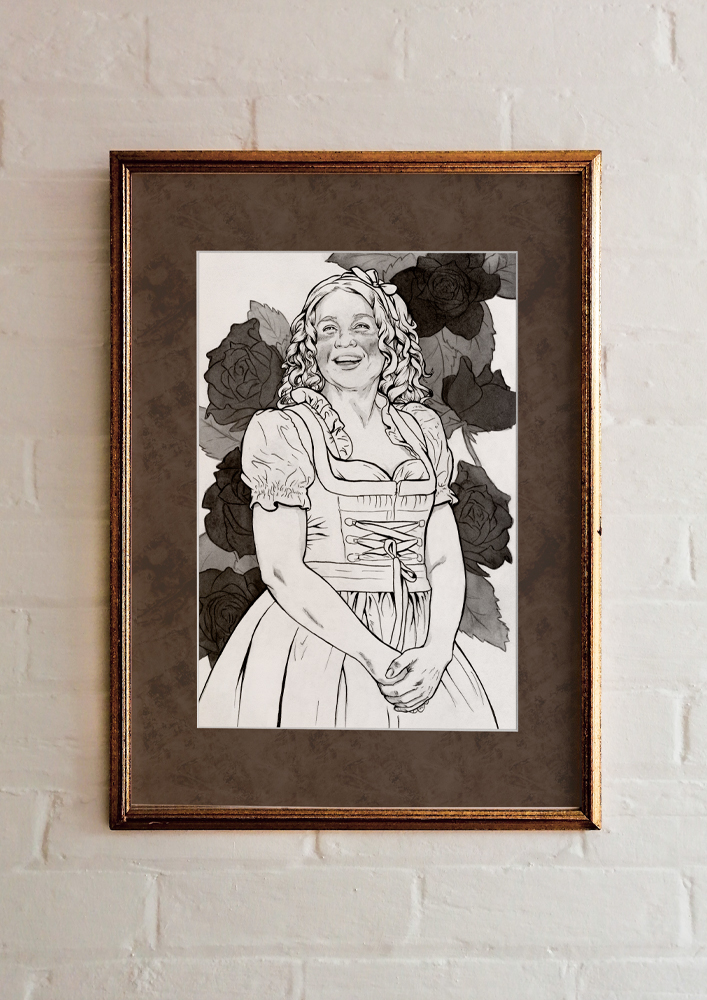 Framed original painting inspired by Rosie Cotton from “The Lord of the Rings” by J.R.R. Tolkien. Ink drawing of a smiling woman, who is standing against a backdrop of roses, a ribbon in her hair.