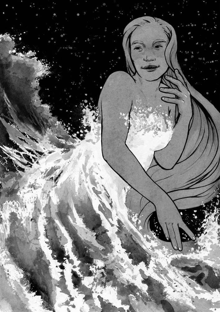 Original painting inspired by Uinen from “The Silmarillion” by J.R.R. Tolkien. Ink drawing of a Polynesian woman with long hair, dressed in a gown made of a rough sea. Behind her there is a night sky full of stars.