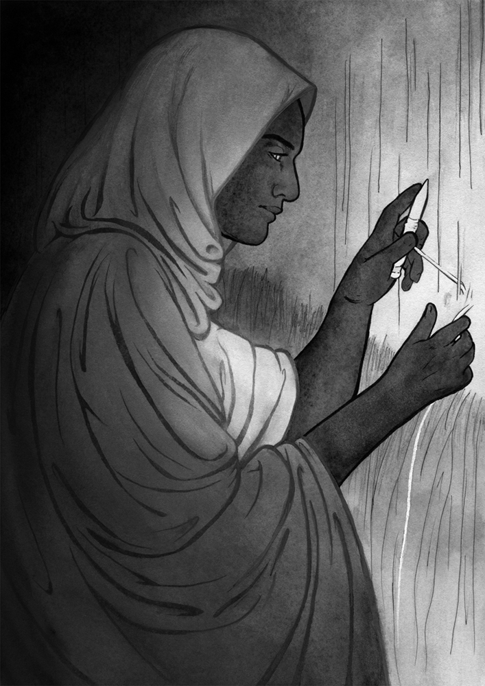 Original painting inspired by Vairë from “The Silmarillion” by J.R.R. Tolkien. Ink drawing of a black woman in long robes, head covered, weaving a tapestry emitting light.