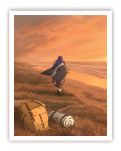 A mockup of a print of a digital illustration depicting an elf standing with his back to the viewer, staring at the ocean. The shore is grassy, and in the foreground there are a backpack and an ocarina. The time of day is sunset, and there are large clouds in the sky. The background is painterly and the characters are in the style of lineart and cell-shading.