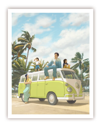 A mockup of a print of a summer digital painting depicting a family around their camper van. A woman stands next to the van while her husband and two children, a boy and a girl, are on top of it. In the background, there are palms and a clear blue sky with clouds. The VW camper van is parked in an empty parking lot.