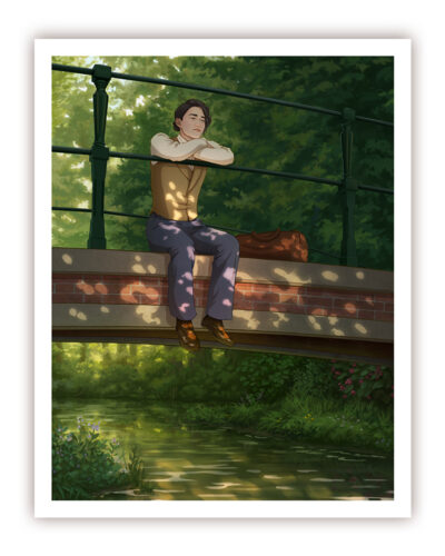 A mockup of a print of a digital illustration depicting an East Asian man sitting on a bridge over a stream. He is in the park, with lush greenery surrounding the scene.