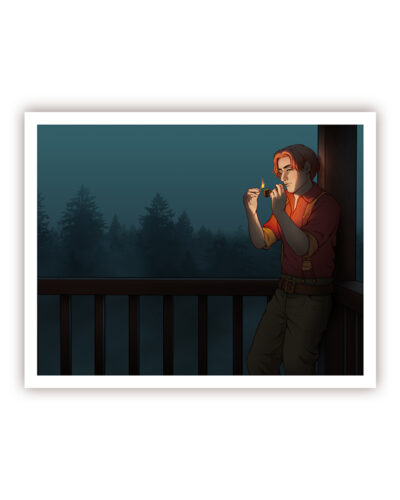 A mockup of a print of a digital illustration of a young man who is leaning on a wooden column on some kind of a balcony. He is lighting up a pipe. The evening is foggy and moody. In the background, there is a forest.