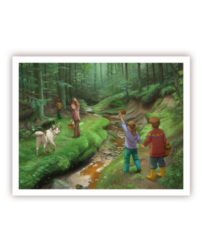 A mockup of a print of a digital painting of four children picking mushroom, accompanied by a large dog. The painting combines painterly background and lineart and cell-shaded characters.