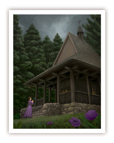 A mockup of a print of a digital illustration depicting a young girl in a violet coat standing in front of a Catholic, wooden chapel. She is holding a lighted candle. A clearing where the scene takes place is surrounded by forest. In the foreground, there are violet flowers and the grass is gently stroked by the wind. The weather is cloudy.