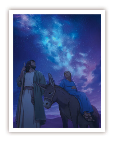 A mockup of a print of a digital illustration depicting Joseph and Mary traveling to Bethlehem at night. Mary, Our Lady, is sitting on a donkey and looking with love at Joseph. She is pregnant and holding her hand on her belly. St Joseph is leading the donkey by the halter, he is also holding a traveling stick in his other hand. He is looking at the starry sky above them.