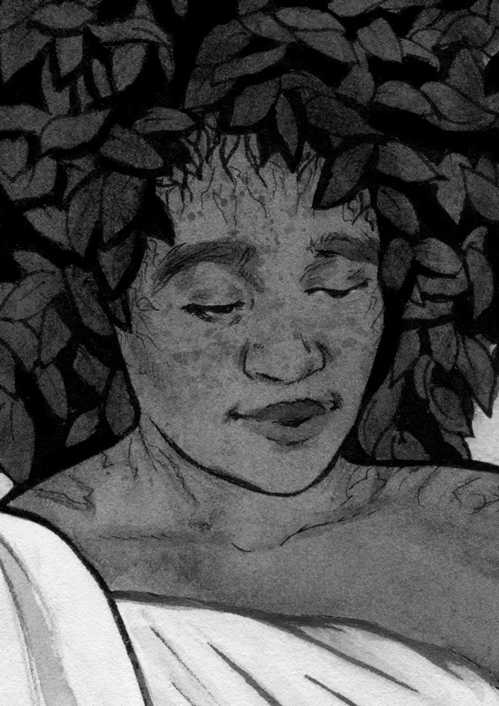 Original painting inspired by Yavanna from “The Silmarillion” by J.R.R. Tolkien. Ink drawing of a black woman with leaf hair in a dress adorned with leafy branches.