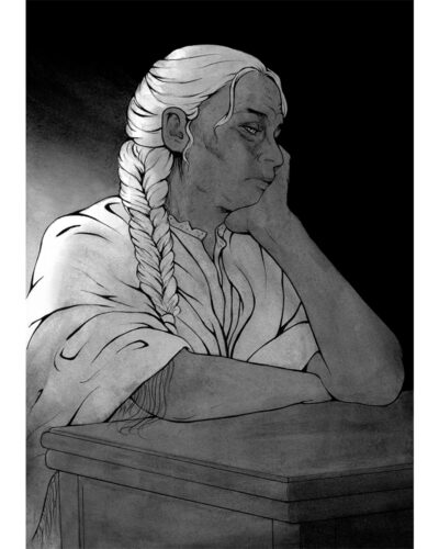 Original painting inspired by Andreth from “Morgoth's Ring” by J.R.R. Tolkien. Ink drawing of an elderly pensive woman sitting in the shadows, her head resting on her hand.