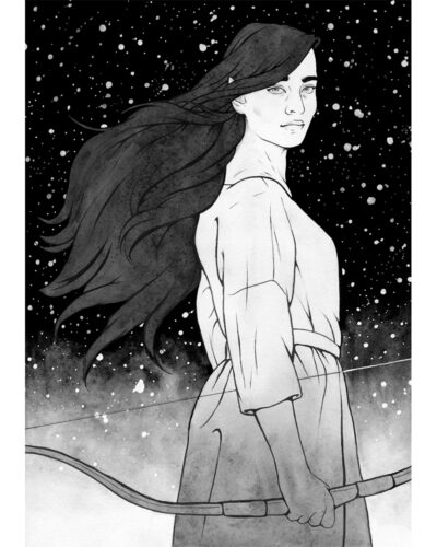 Ink drawing of a female elf with flowing hair, is standing in front of the stars, holding a bow in her hand. Behind her there is a night sky full of stars.