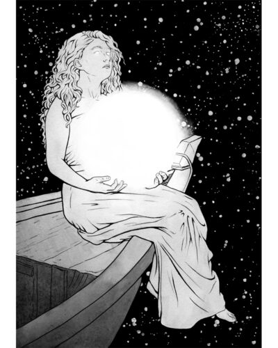 Original painting inspired by Arien from “The Silmarillion” by J.R.R. Tolkien. Ink drawing of a woman sitting on a boat in outer space, is holding a fiery ball of the Sun in her hands. Her eyes are glowing.