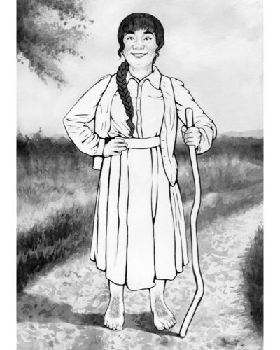 Original painting inspired by Belladonna Took Baggins from “The Hobbit or There and Back Again” by J.R.R. Tolkien. Ink drawing of a female traveler. She is on an adventure, standing with a wooden stick on a trail among the grass. The weather is sunny.