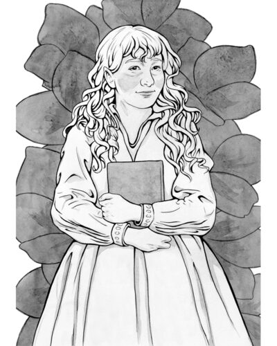 Original painting inspired by Elanor Gamgee from “The Lord of the Rings” by J.R.R. Tolkien. Ink drawing of a smiling woman, who is standing against a backdrop of flowers, a book in her arms.