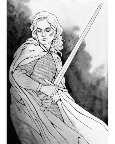 Original painting inspired by Éowyn from “The Lord of the Rings” by J.R.R. Tolkien. Ink drawing of a female warrior, who is standing with her sword drawn, the wind is tugging at her cloak. There is smoke in the background.