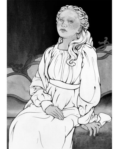 Original painting inspired by Finduilas from “The Silmarillion” by J.R.R. Tolkien. Ink portrait of a female elf sitting on a chaise longue, gazing sadly at the viewer.