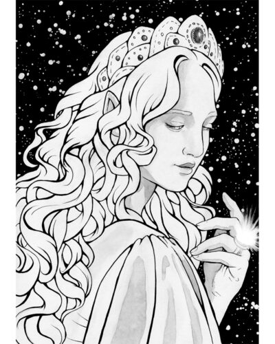 Original painting inspired by Galadriel from “The Lord of the Rings” by J.R.R. Tolkien. Ink drawing of a female elf with long, wavy hair, with a crown on her head, has a glowing ring on her finger. Behind her there is a night sky full of stars.