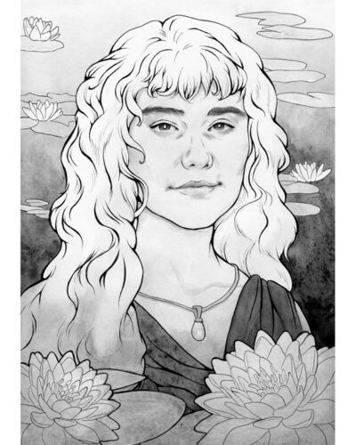 Original painting inspired by Goldberry from “The Lord of the Rings” by J.R.R. Tolkien. Ink portrait of a fair-haired woman surrounded by water lilies.