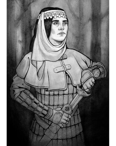 Original painting inspired by Haleth from “The Silmarillion” by J.R.R. Tolkien. Ink drawing of an armored warrior woman, who is drawing her sword.