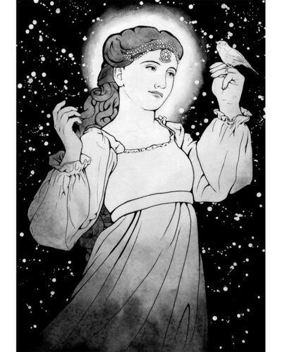 Original painting inspired by Melian from “The Silmarillion” by J.R.R. Tolkien. Ink drawing of a woman with a halo, is looking at a nightingale sitting on her hand. Behind her there is a night sky full of stars.