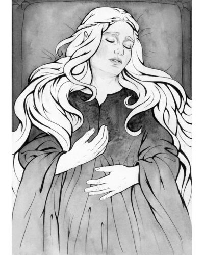 Original painting inspired by Míriel from “The Silmarillion” by J.R.R. Tolkien. Ink drawing of a female elf, she is lying dead on the bed, long hair spilled over the pillow.