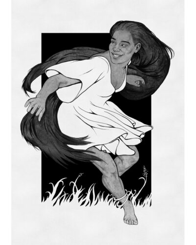 Original painting inspired by Nessa from “The Silmarillion” by J.R.R. Tolkien. Ink drawing of a long-haired, dark-skinned smiling woman in a short dress. She is running.