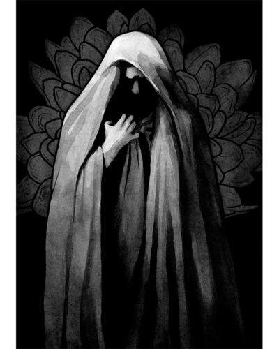 Original painting inspired by Nienna from “The Silmarillion” by J.R.R. Tolkien. Ink drawing of a woman in long robes, covered with a veil, her face in shadow. She's clutching the fabric. In the background, there is a chrysanthemum.