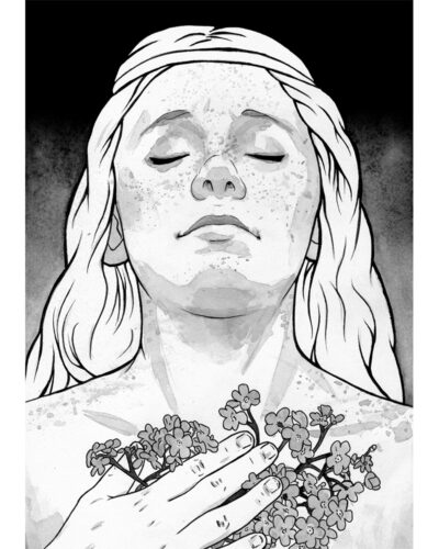 Original painting inspired by Nienor from “The Silmarillion” by J.R.R. Tolkien. Ink portrait of a young, freckled girl with closed eyes, holding forget-me-nots in her hand.