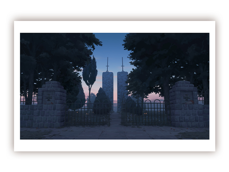 A mockup of a print of a digital illustration depicting a cemetery Patria in Staszkówka, Poland. The evening sky is the brightest part of the image. In the foreground, there is an open gate and a path leading to two stone towers with swords on their tops. Between the gate and the towers, there are headstones with small lights. The graves are surrounded by trees.