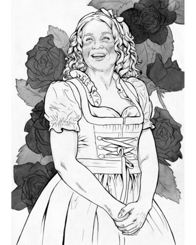 Original painting inspired by Rosie Cotton from “The Lord of the Rings” by J.R.R. Tolkien. Ink drawing of a smiling woman, who is standing against a backdrop of roses, a ribbon in her hair.