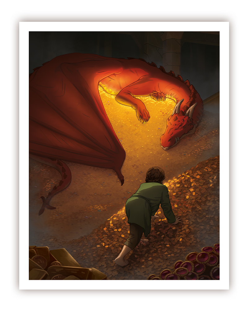 A mockup of a print of a digital illustration inspired by "The Hobbit, or There and Back Again" by J. R. R. Tolkien. It depicts a red dragon (Smaug) sleeping on a pile of gold and jewels. A hobbit (Bilbo Baggins) is carefully sneaking up on him. They are both deep down in the dungeons, the only light emanating from the dragon.