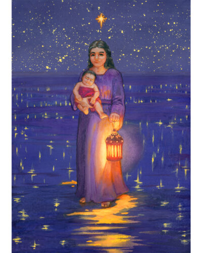 Painting of Stella Maris, Our Lady, Star of the Sea. Mary is standing on water, holding Baby Jesus in one arm and a light lantern in the other. It's night time and the sky is full of stars reflected in the water. Above Mary's head, one star is particularly large and bright. Below her feet, the light reflection forms a moon shape.