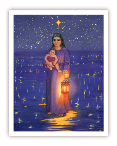 A mockup of a painting of Stella Maris, Our Lady, Star of the Sea. Mary is standing on water, holding Baby Jesus in one arm and a light lantern in the other. It's night time and the sky is full of stars reflected in the water. Above Mary's head, one star is particularly large and bright. Below her feet, the light reflection forms a moon shape.