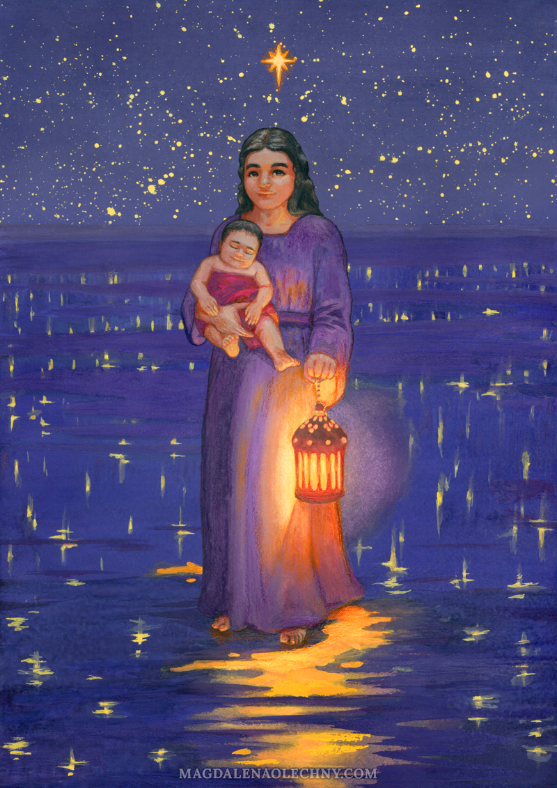 Painting of Stella Maris, Our Lady, Star of the Sea. Mary is standing on water, holding Baby Jesus in one arm and a light lantern in the other. It's night time and the sky is full of stars reflected in the water. Above Mary's head, one star is particularly large and bright. Below her feet, the light reflection forms a moon shape.