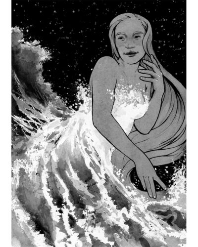 Original painting inspired by Uinen from “The Silmarillion” by J.R.R. Tolkien. Ink drawing of a Polynesian woman with long hair, dressed in a gown made of a rough sea. Behind her there is a night sky full of stars.