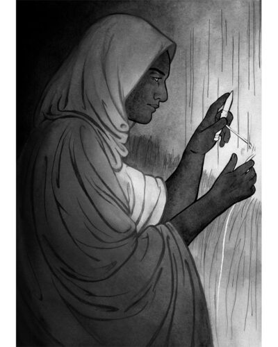 Original painting inspired by Vairë from “The Silmarillion” by J.R.R. Tolkien. Ink drawing of a black woman in long robes, head covered, weaving a tapestry emitting light.