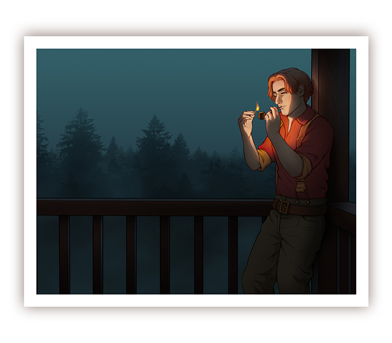 A mockup of a print of a digital illustration of a young man who is leaning on a wooden column on some kind of a balcony. He is lighting up a pipe. The evening is foggy and moody. In the background, there is a forest.