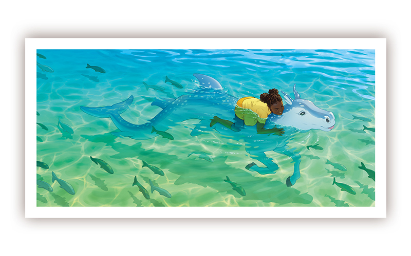 A mockup of a print of a digital illustration depicting a young, black girl swimming on a fantasy creature – a water horse or a hippocampus. They are swimming in shallow, blue-green waters and are surrounded by fish. The background is painterly and the characters are in the style of lineart and cell-shading.