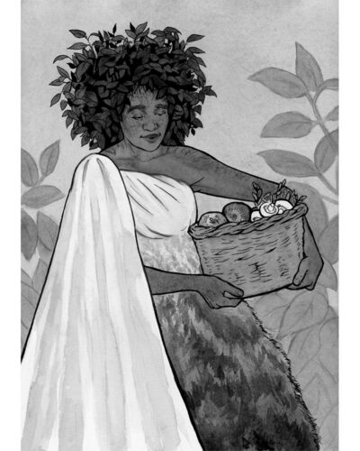 Original painting inspired by Yavanna from “The Silmarillion” by J.R.R. Tolkien. Ink drawing of a black woman with leaf hair in a dress adorned with leafy branches. She is carrying a basket full of fruit, vegetables and mushrooms.