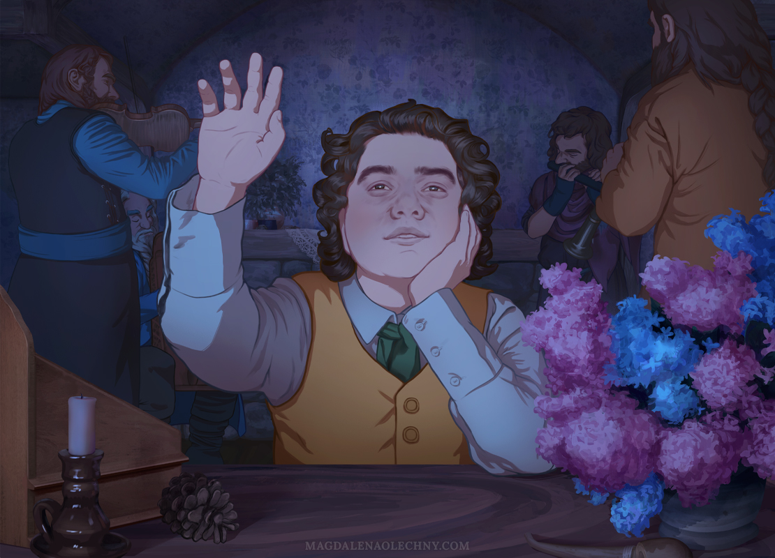 A digital illustration inspired by "The Hobbit, or There and Back Again" by J. R. R. Tolkien. It depicts hobbit Bilbo Baggins who is sitting by the table. He is resting his head on one hand and reaching toward the viewer with the other. Behind him, a few dwarves are playing different instruments. It's nighttime, a moon lightning the room.