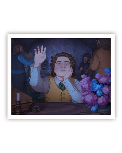 A mockup of a print of a digital illustration inspired by "The Hobbit, or There and Back Again" by J. R. R. Tolkien. It depicts hobbit Bilbo Baggins who is sitting by the table. He is resting his head on one hand and reaching toward the viewer with the other. Behind him, a few dwarves are playing different instruments. It's nighttime, a moon lightning the room.