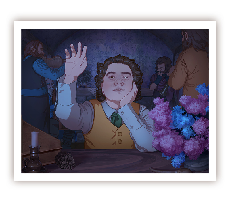 A mockup of a print of a digital illustration inspired by "The Hobbit, or There and Back Again" by J. R. R. Tolkien. It depicts hobbit Bilbo Baggins who is sitting by the table. He is resting his head on one hand and reaching toward the viewer with the other. Behind him, a few dwarves are playing different instruments. It's nighttime, a moon lightning the room.