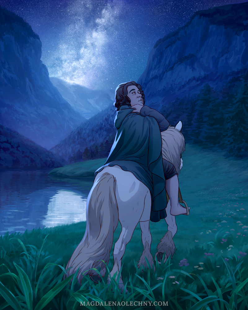 A digital illustration inspired by "The Hobbit, or There and Back Again" by J. R. R. Tolkien. It depicts hobbit Bilbo Baggins who is riding on a pony through the valley of Rivendell. He is looking up at the starry sky. It's nighttime.