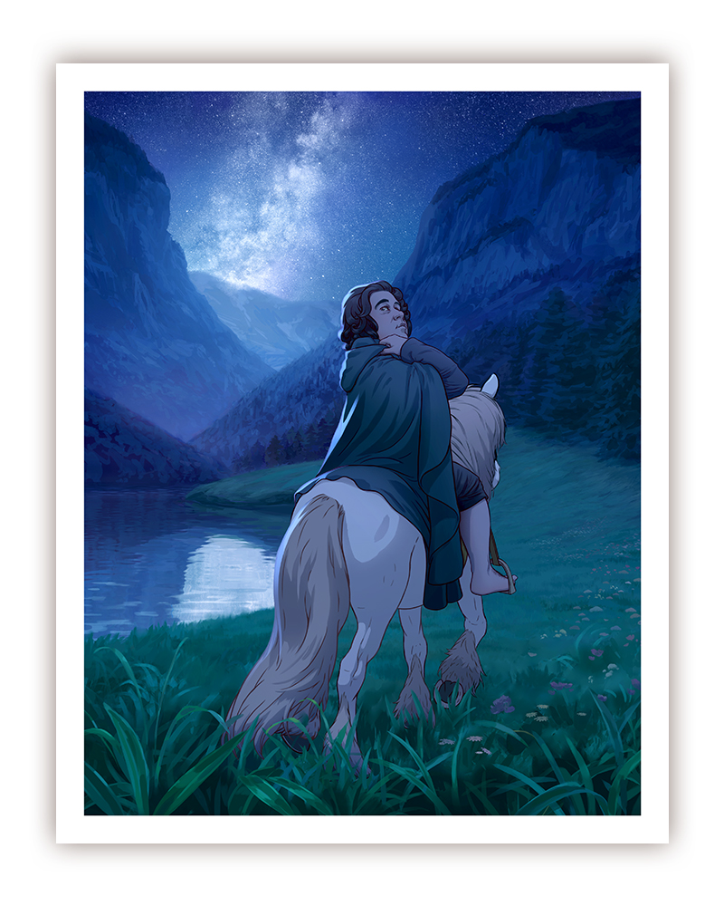 A digital illustration inspired by "The Hobbit, or There and Back Again" by J. R. R. Tolkien. It depicts hobbit Bilbo Baggins who is riding on a pony through the valley of Rivendell. He is looking up at the starry sky. It's nighttime.